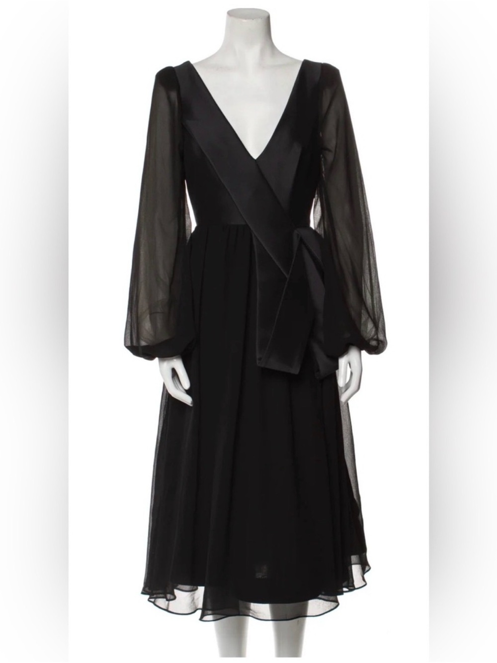 Badgley Mischka Black V-Neck Long-Sleeve Midi Dress with Sash